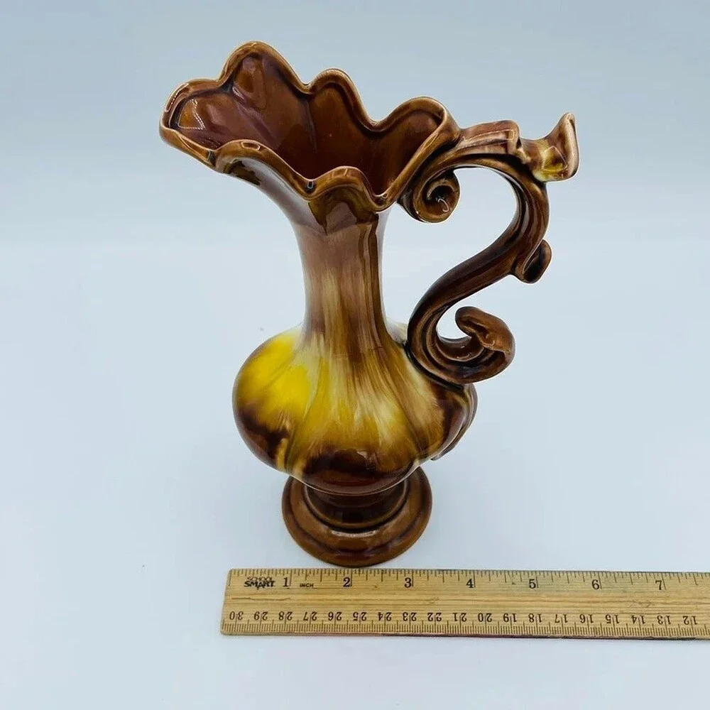 Vintage decorative drip glaze vase small pitcher w/ ruffled rim ornate handle